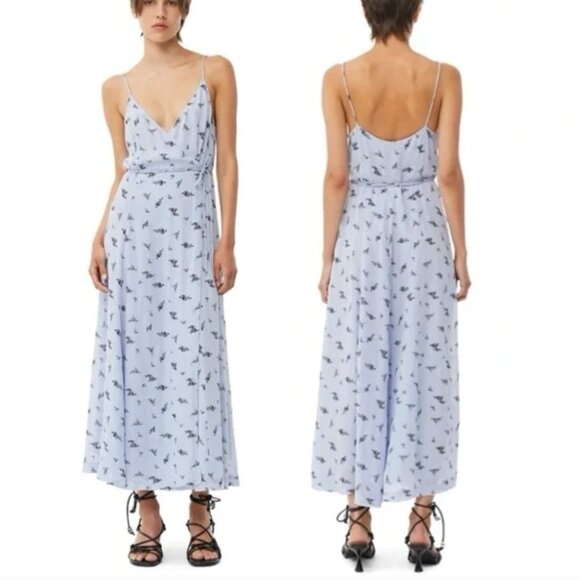 GANNI Printed Georgette Strap Wrap Blue Floral Print Dress Size 10 - Picture 1 of 11